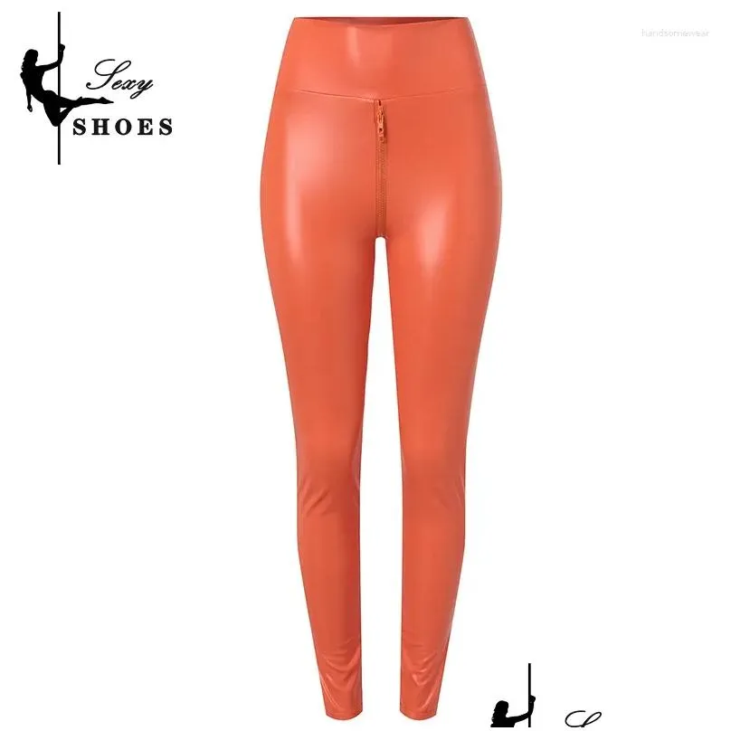 Women`S Leggings Womens Leggings Y Open Crotch Pants For Women Black Matte Leather Double Zipper Bodycon Trousers Ladies Exotic Slim Dhqcf