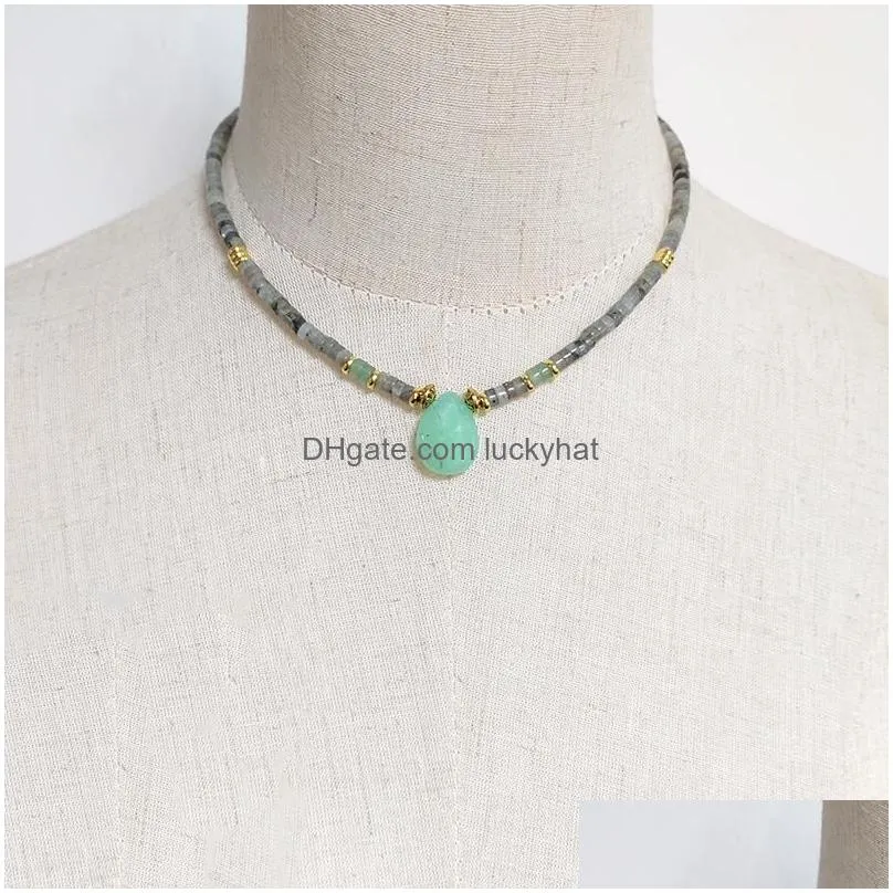 Chokers Women Green Water Drop Pendant Necklace Gray Natural Stone Beaded Choker 2021 Winter Collar Africano Hombre Trendy All-Match Dhm2G