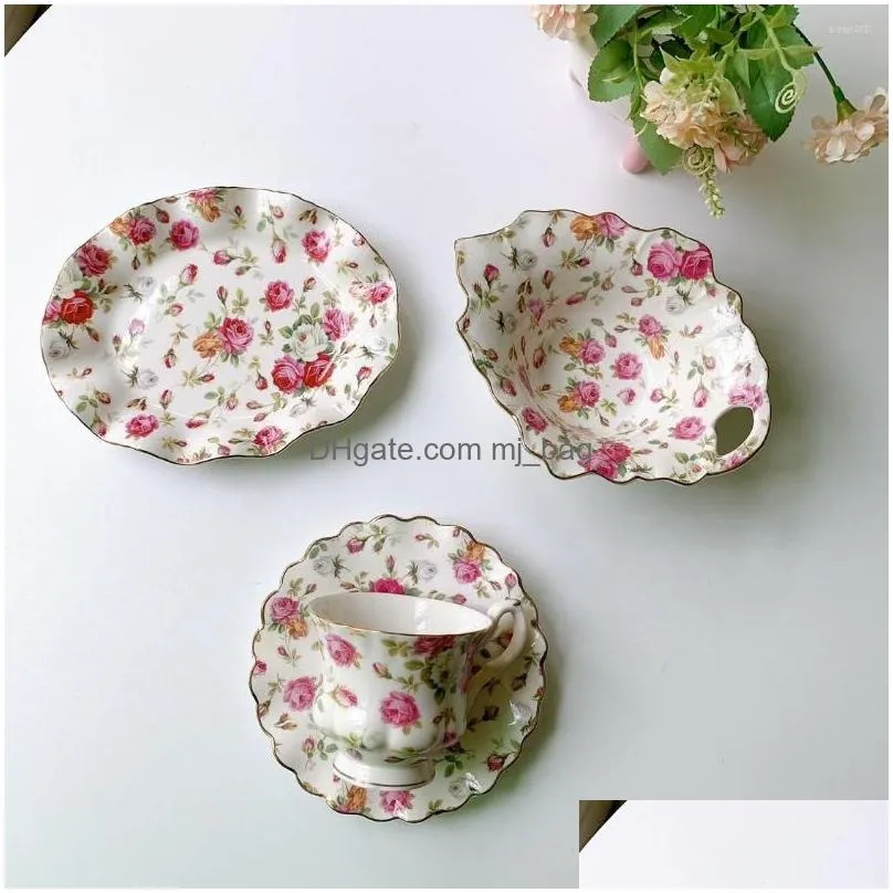 Plates French Retro Flowers Ceramic Coffee Cup And Plate A Set Of Salad Bowl Tableware Court Style