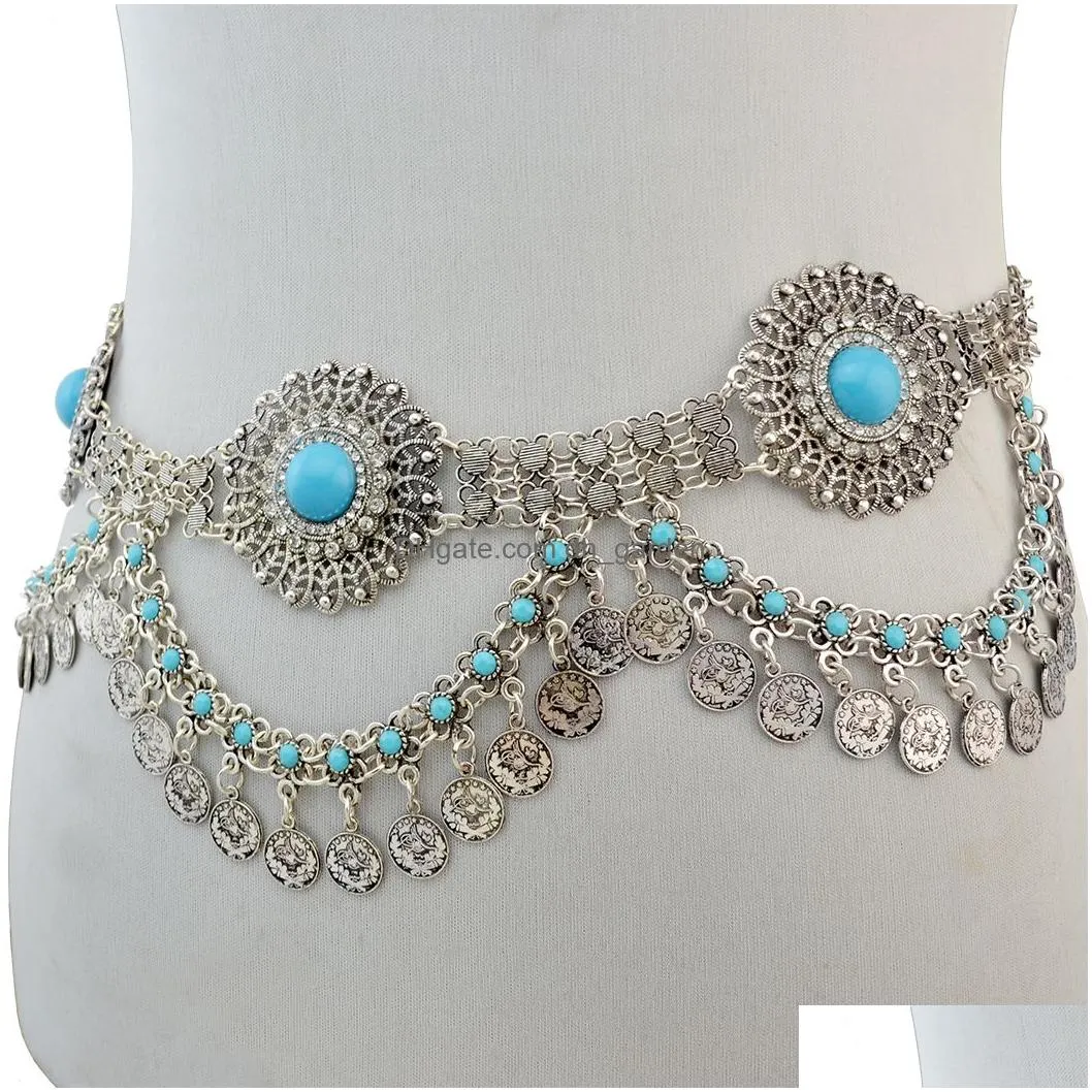 idealway Bohemain Fashion Gypsy Silver Plated Alloy Coin Tassel Blue Resin Beads Belly Body Chain Waist Chain Body Jewelry
