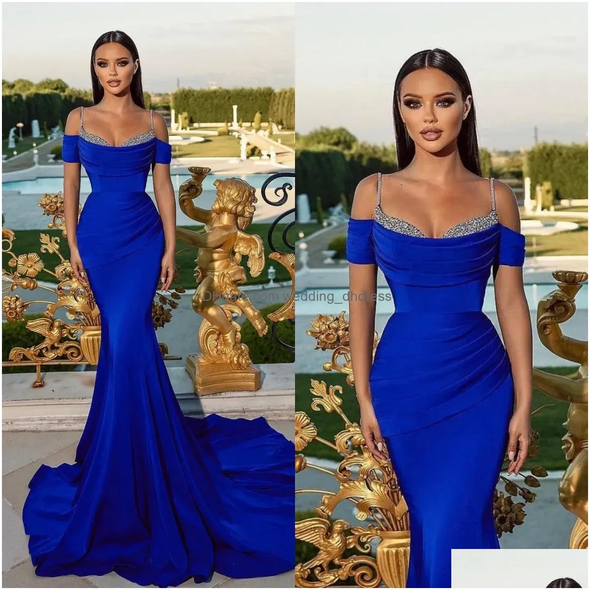 royal blue mermaid evening gown beads straps off shoulder party prom dresses sweep train formal long dress for special occasion