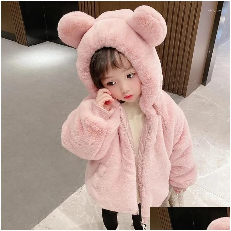 jackets cute big ear plush baby jacket autumn winter warm faux fur coats for girls hooded snow coat soft children ouertwear clothing