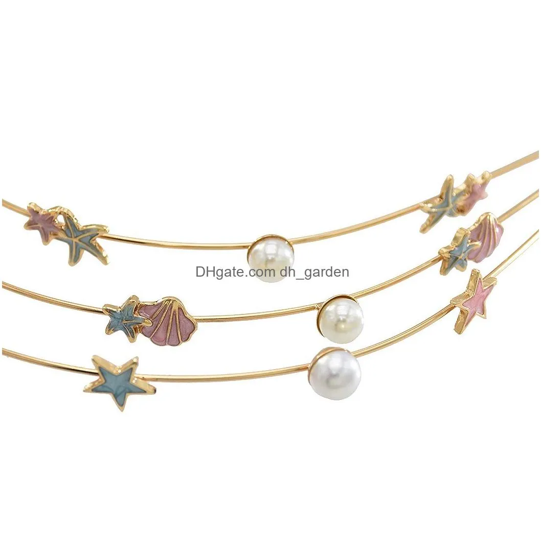 Fashion Korean Style 3pcs/Set Gold Starfish and Shell Shape with Pearl Headband Hair Jewelry Accessories