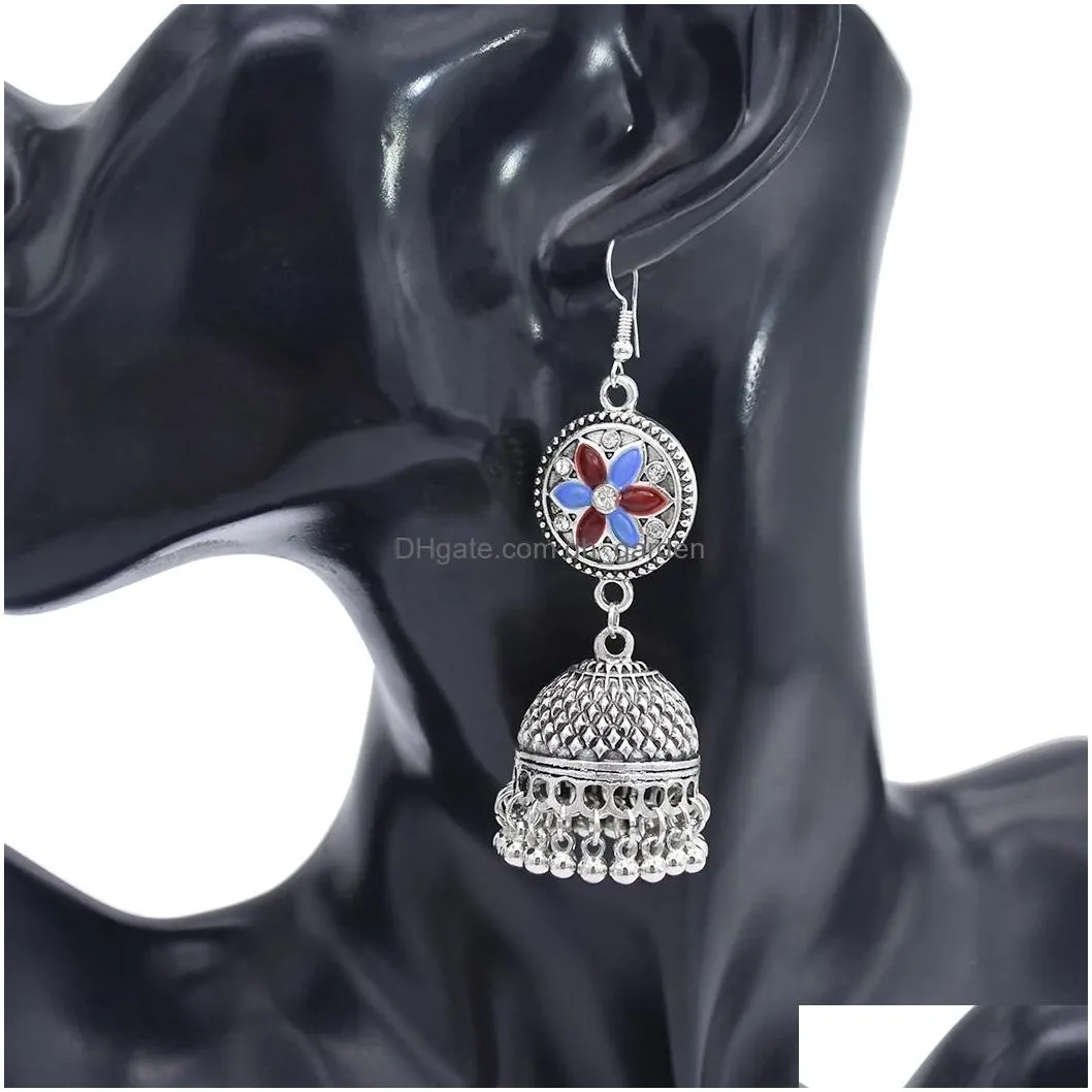 Vintage Ethnic Style Tassel Bell Beads with Flower-shaped Jhumka Earrings for Women Party Jewelry