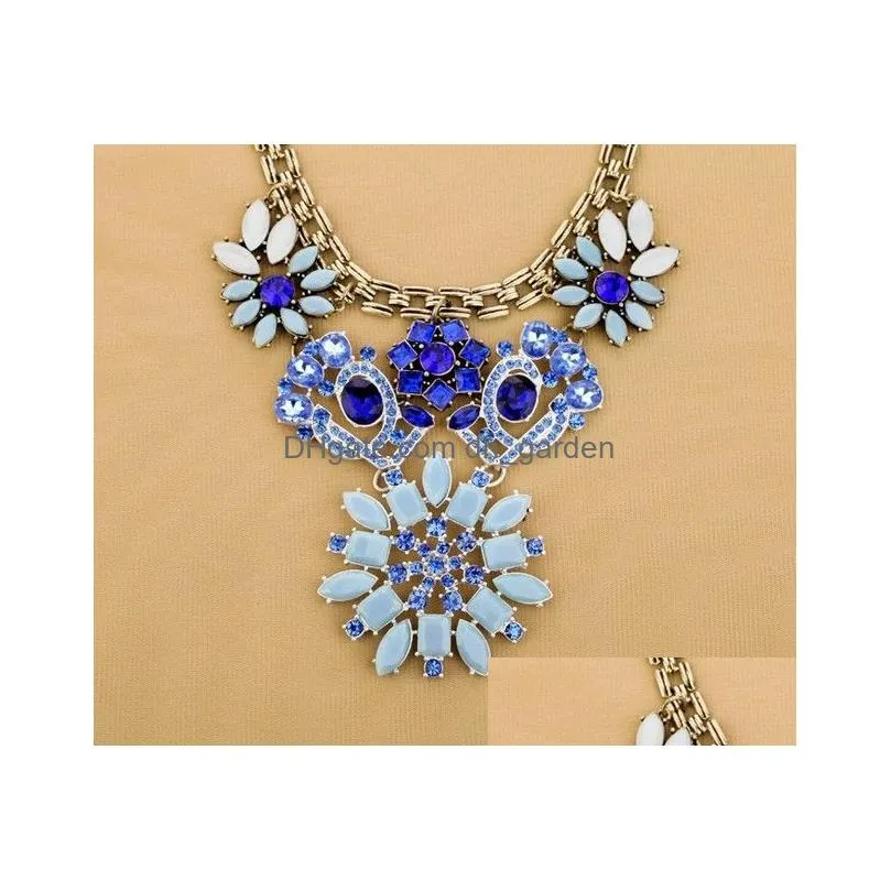 Vintage Style Metal Colorful Rhinestone Crystal Resin Gem Flower Pendants Choker Necklaces