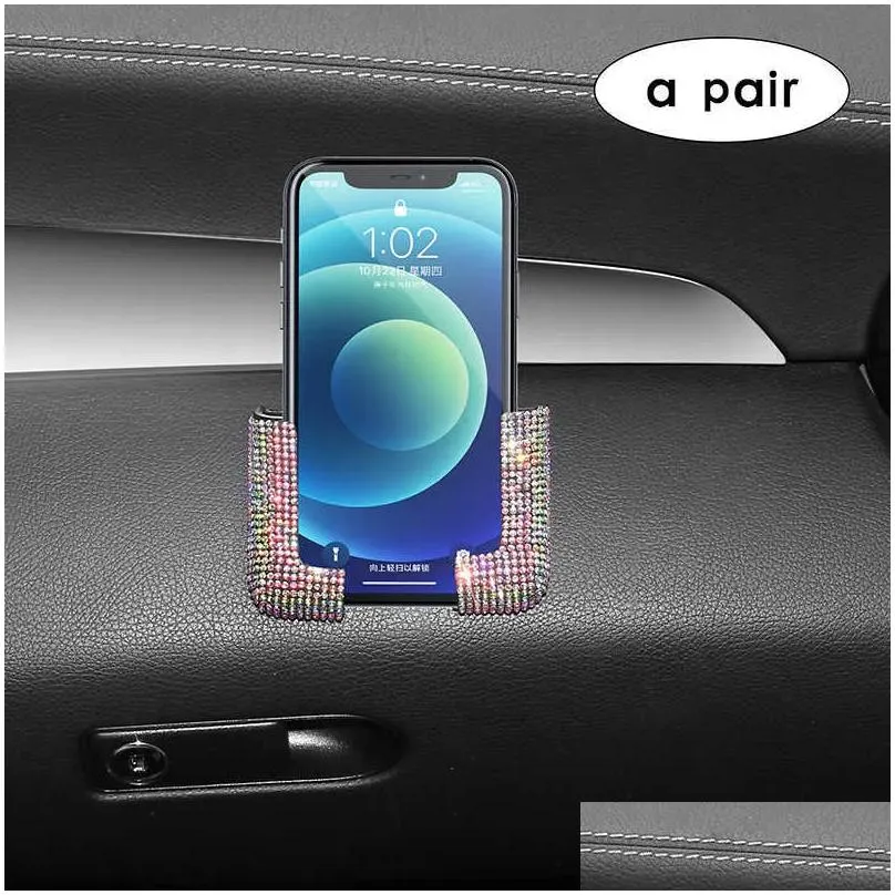 Interior Decorations New 2Pcs Crystal Car Phone Holder Fixed Rack Paste Stand For Mobile Key Card Bling Interior Accessories Drop Deli Dhgux
