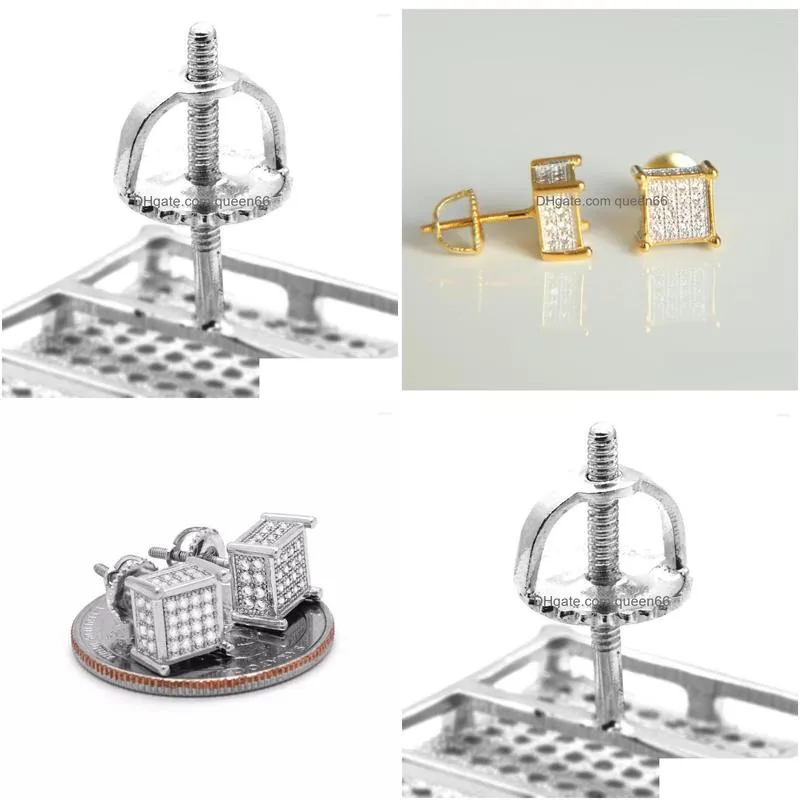 Stud Earrings Promotion Mens Sier Iced Out Tc Cube Box Micro Pave 925 Sterling Screw Back 4 Line Drop Delivery Dhn5L
