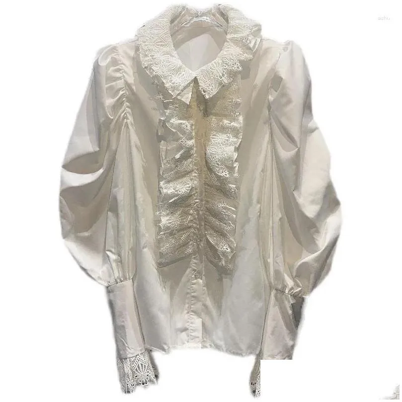 women`s blouses 2024 autumn arrival long lantern sleeve lace ruched hook flower ruffles collar white shirt women gl620