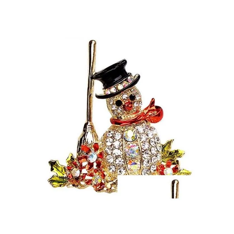 New In Unisex Jewelry Gold Plated Colorful Rhinestone Flower Broom Snowman Pin Brooch Christmas gift / present
