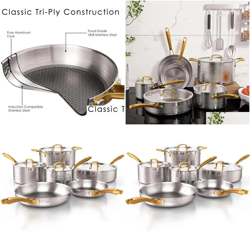 cookware sets pots and pans set tri-ply stainless steel hammered kitchen induction compatible