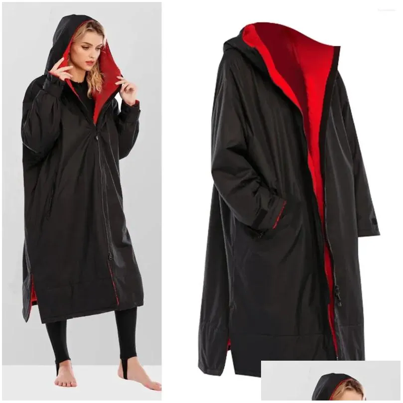 Women`S Swimwear Womens Swimwear Waterproof Surf Changing Robe Outdoor Coat Lamb Wool Jacket Hooded Cloak Beach Surfing Pool Lining A Dhov7