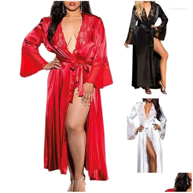 Sexy Pyjamas Y Pyjamas Womens Long Kimono Dress Lace Bath Robe Ice Silk Nightdress Drop Delivery Apparel Underwear Sexy Underwear Dh2Bc