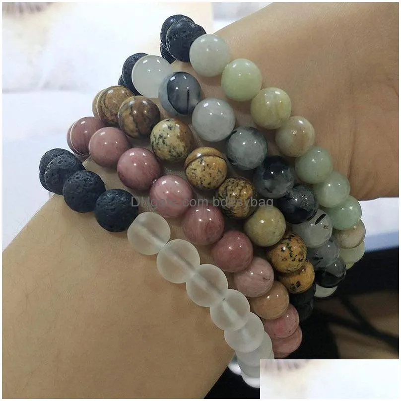 Natural Lava Stone Handmade Beaded Strands Yoga Energy Charm Bracelets For Women Men Lover Elastic Bangle Jewelry