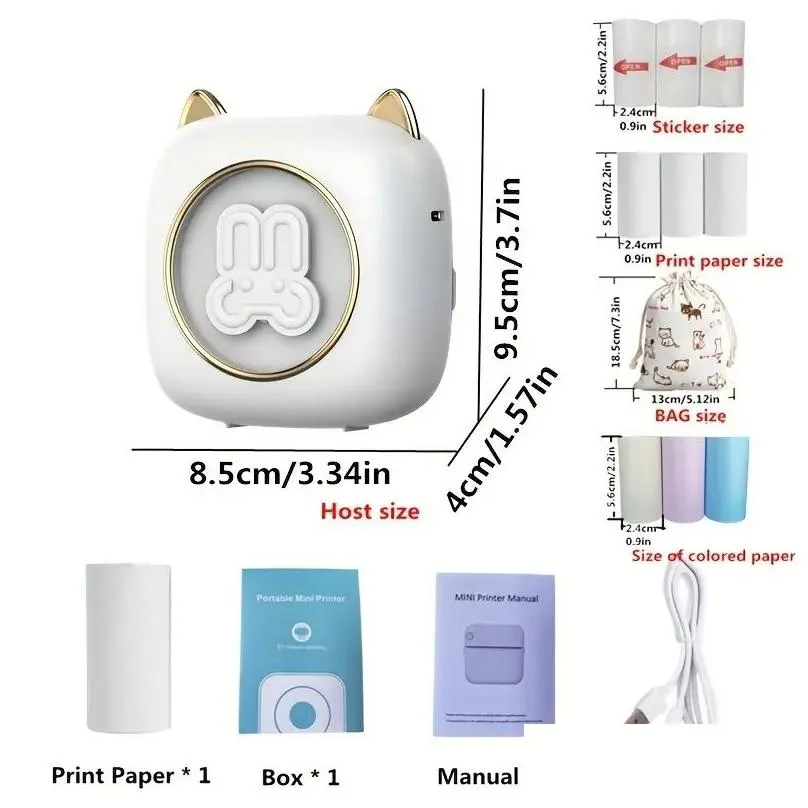 portable rabbit smart label printer mini: print photos, 2d codes, text lists & more - ink-free & 7 color lights!