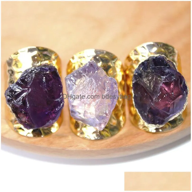 Irregular Natural Crystal Stone Adjustable Gold Plated Wide Rings For Women Girl Party Club Decor Fashion Jewelry