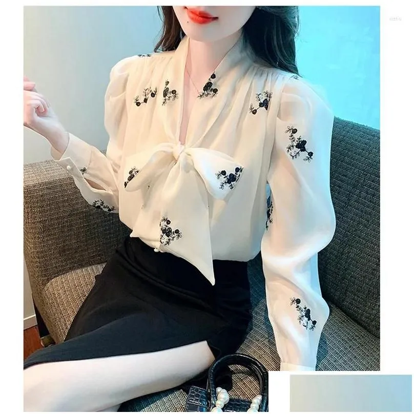 women`s blouses women elegant bowknot chiffon blouse fashion white business casual office lady shirts puff long sleeve loose tops