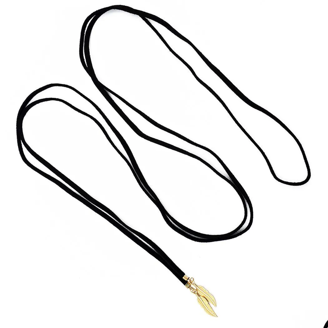 Gothic Fashion Simple Black Long Leather Chain Double Leaf Pendant Choker Necklace