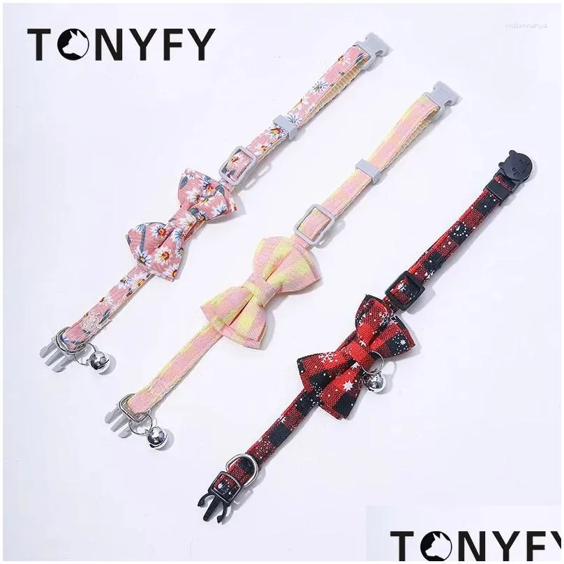 dog collars bowknot cat collar bow tie safety buckle plaid flower christmas chihuahua necklace elastic adjustable bell for puppy