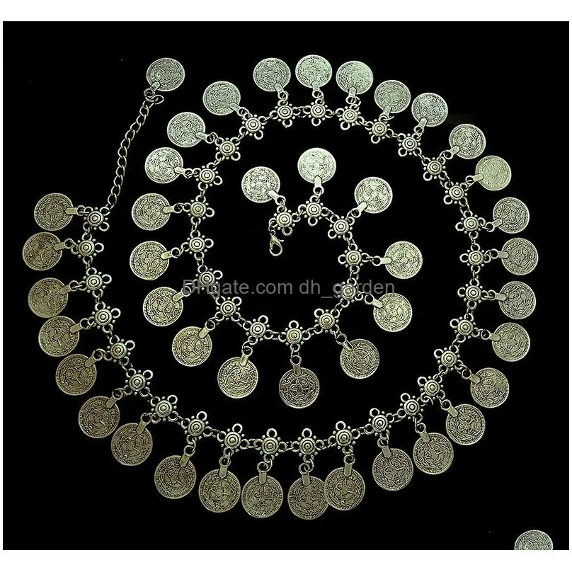 Gypsy Silver Metal Dangle Coins Belly Chains 43pieces coins Hippie Boho Bohemian Shimmy Belt bell dance belt chain body chain