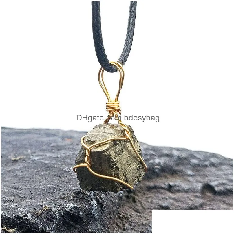 Irregular Natural Stone Gold Plated Wire Handmade Pendant Necklaces With Rope Chain For Women Men Party Club Decor Jewelry