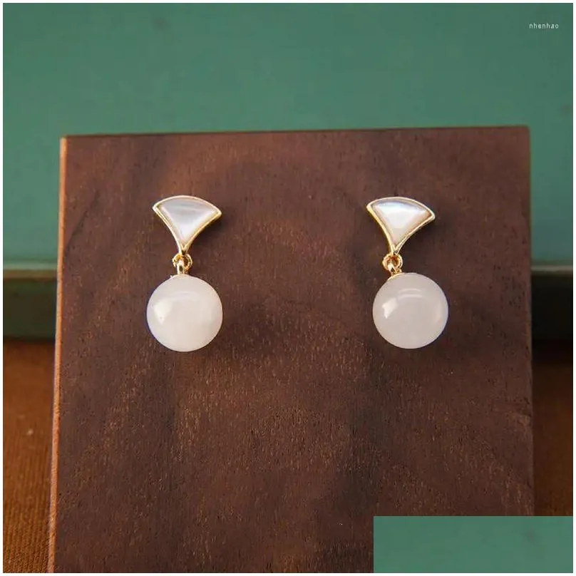 dangle earrings natural hetian white jade stud earring women`s simple and compact s925 sterling silver chinese style retro national