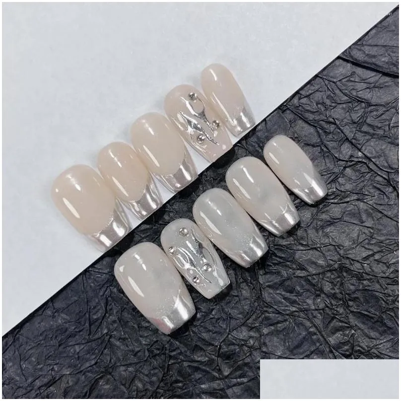 false nails emmabeauty nude mirror hand painted removable reusable high quality handmade press on nails.no.d905.
