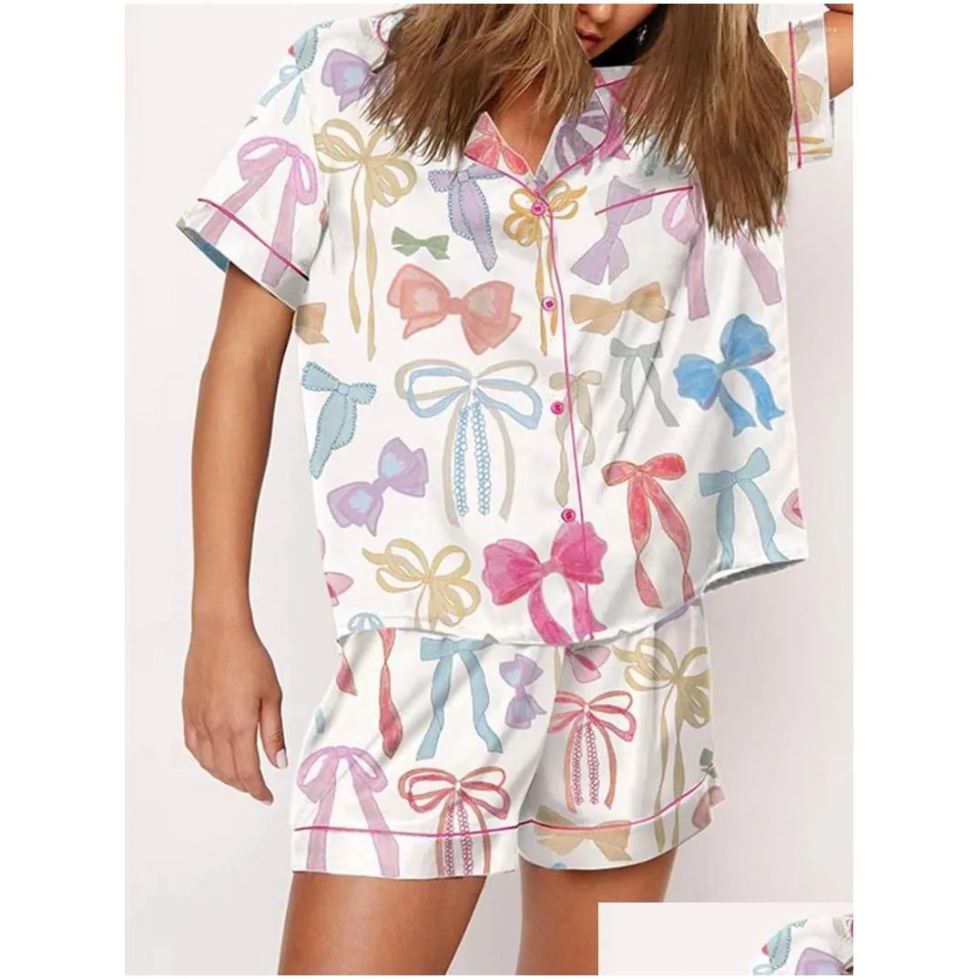 women`s sleepwear women s satin pajama set lapel neck button down short sleeve tops elastic waist shorts 2 pieces lounge