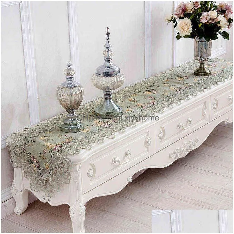 Table Runner Table Flag Flower Embroidered Green Top Elegant Europe Lace Pastoral Print Runner Home Decoration Runners Placemats Hm384 Dhpjg