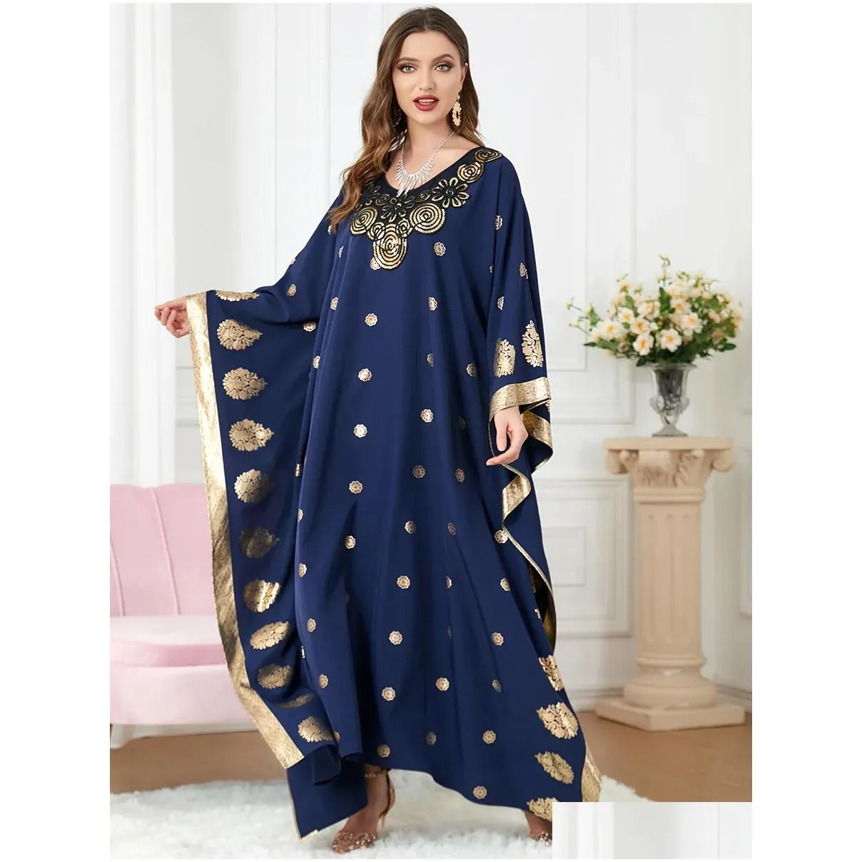 middle eastern muslim clothing women blue bronzing printed bat sleeve loose casual dress robe party abaya vestidos musulmanes moroccan kaftan