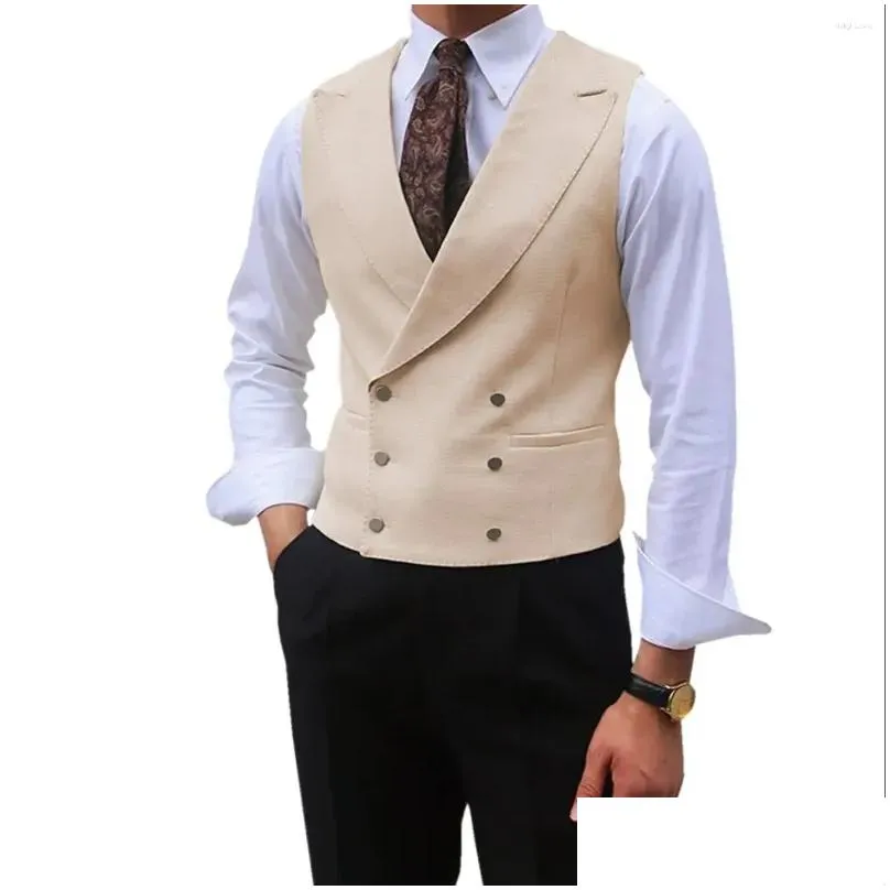 men`s vests men vest brown solid peaked lapel double breasted sleeveless jacket wedding banquet business casual slim waistcoat