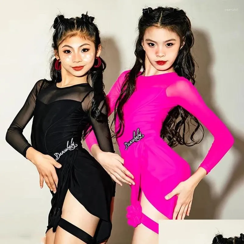stage wear 2024 girls latin dance dress long sleeves black rose pink performance suit cha rumba samba practice clothing bl12152