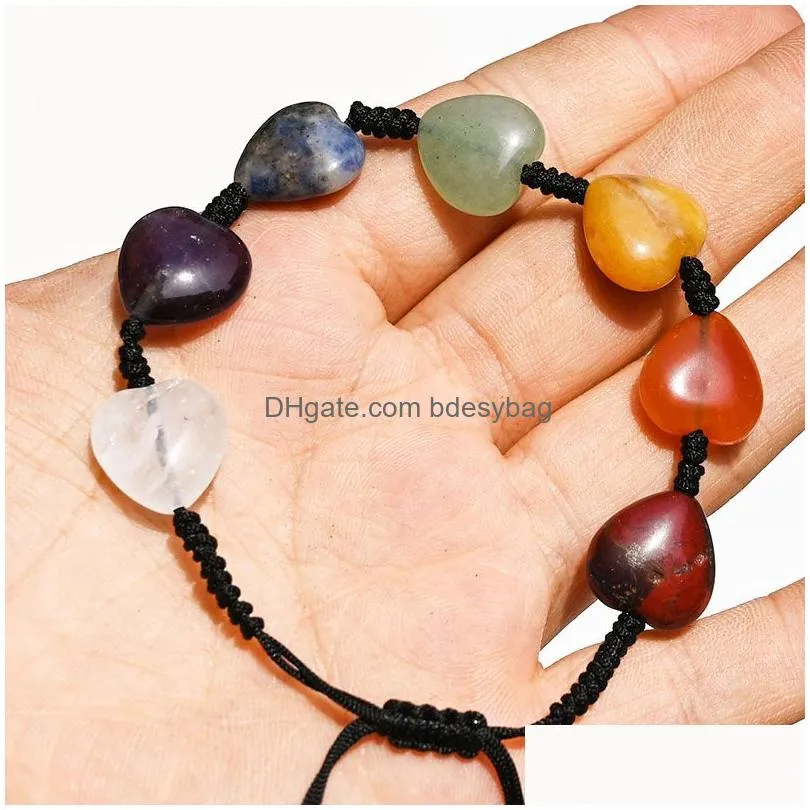 Natural Crystal Stone Heart Charm Bracelets Colorful Handmade Rope Braided Beaded Jewelry For Women Men