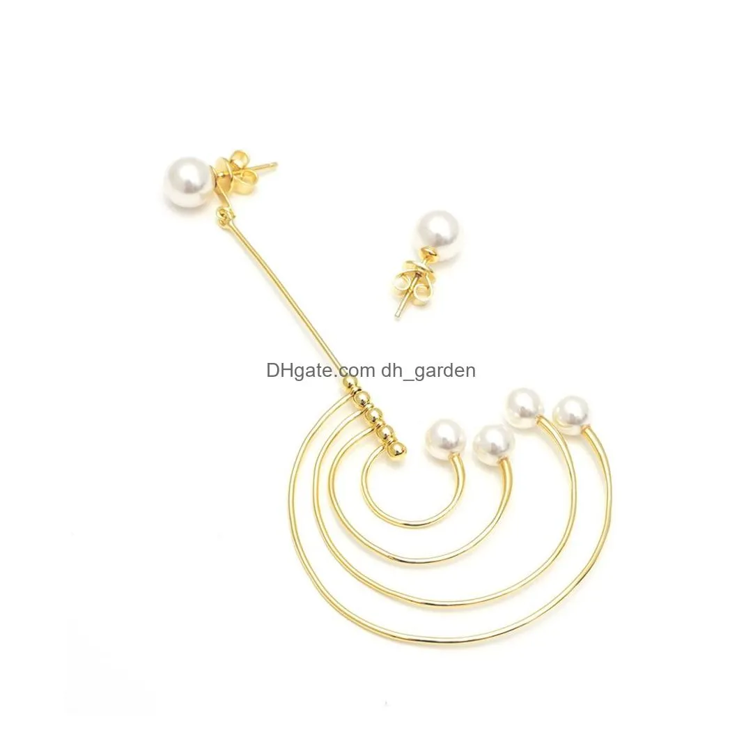 idealway Fashion Jewelry 18K Gold Plated Alloy Geometry Shape Pearl Simple Pendant Waterdrop Fish Hook Dangle Stud Earrings