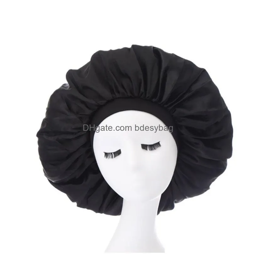 Solid Color Extra Large Satin Night Hat Headwear For Women Lady Elastic Sleep Caps Bonnet Hair Care Fashion Accessories