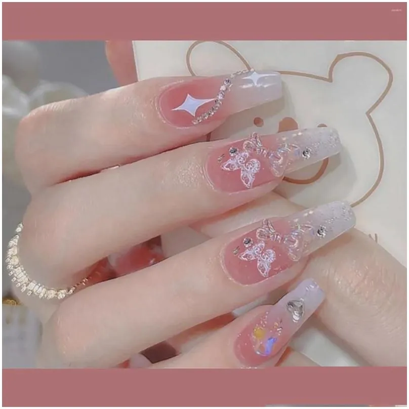 false nails blusher pink bowknot decor nail star print stylish color matching artificial with bracelet and necklaces