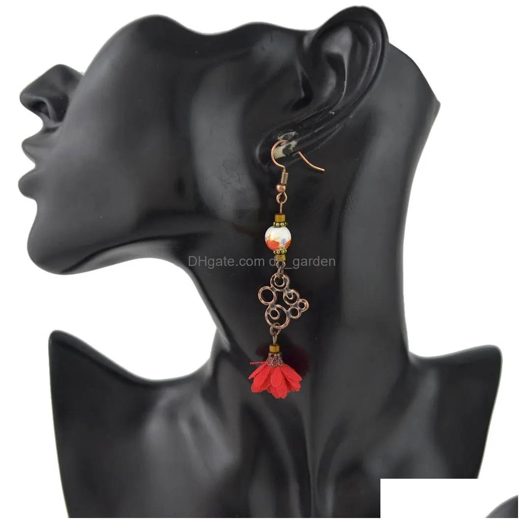 idealway New Vintage Style Copper Alloy Wood Ceramics Beads Flower Dangle Earrings