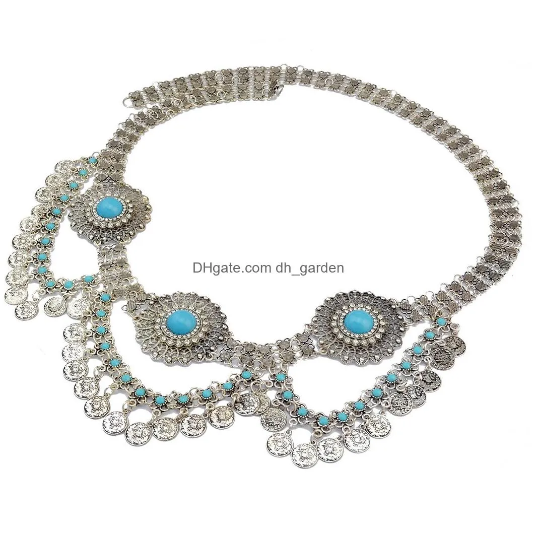 idealway Bohemain Fashion Gypsy Silver Plated Alloy Coin Tassel Blue Resin Beads Belly Body Chain Waist Chain Body Jewelry