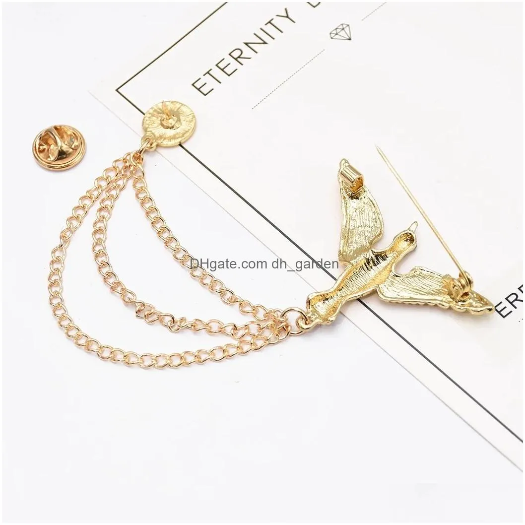 Gold Silver Alloy Bird Brooches Coat Pins Collar Chain Women Men Suit Dress Accessories Party Jewelry