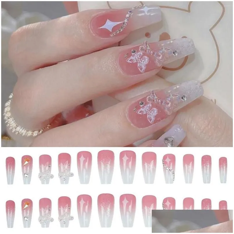 false nails blusher pink bowknot decor nail star print stylish color matching artificial with bracelet and necklaces