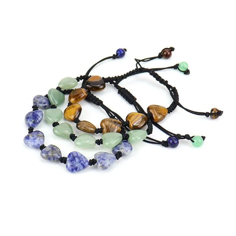 Natural Crystal Stone Handmade Rope Braided Heart Charm Bracelets Fashion Yoga Beaded Jewelry For Women Men