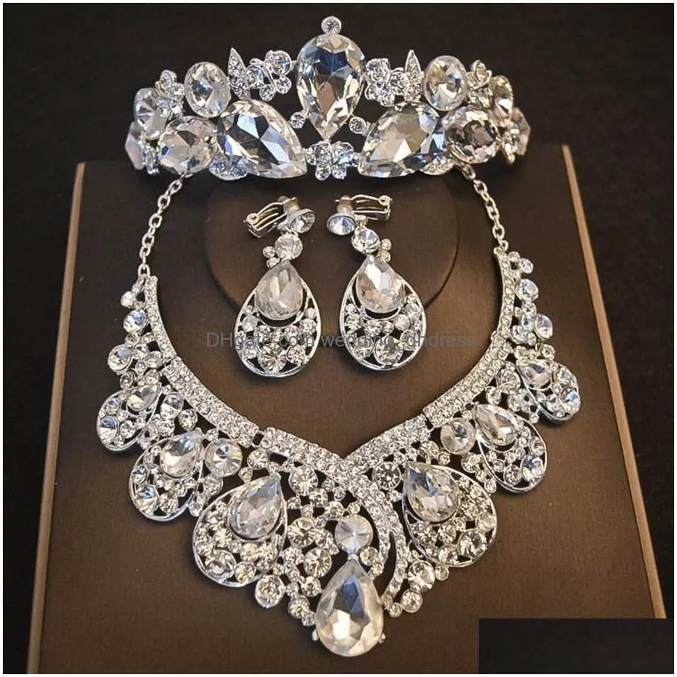luxurious crystal bling bling bridal wedding crown necklace earring sets quinceanera party jewelry formal events bridal jewelry se269r