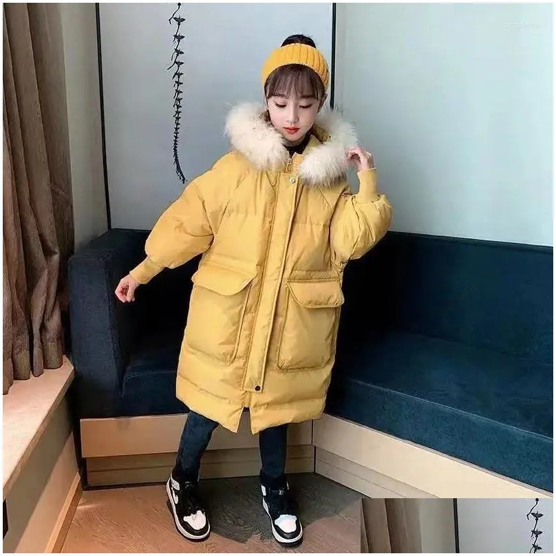 down coat girls padded cotton jacket children mid-length warm fashion big fur collar snow clothing for kids tz794