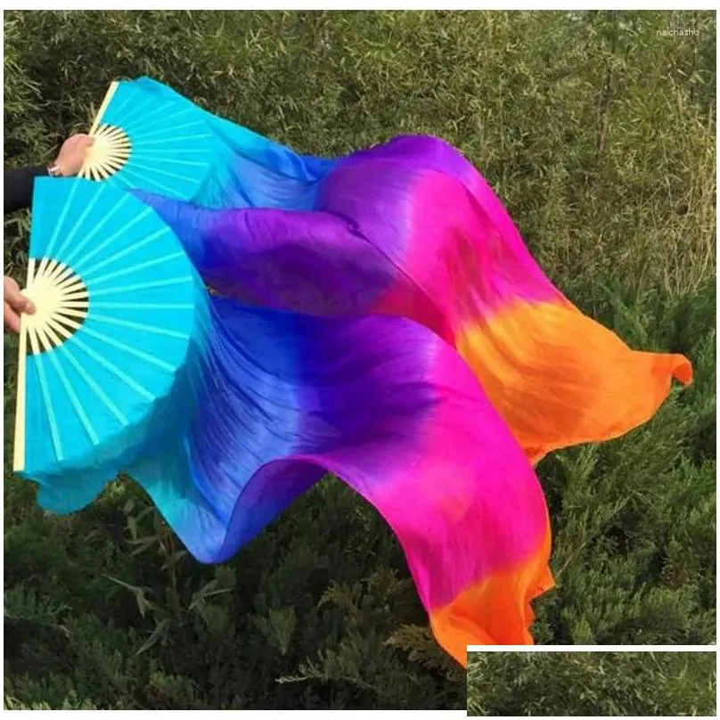 stage wear -sale 1pair/2pcs real silk belly dance veil fans bamboo handmade dyed performance long fan bellydance