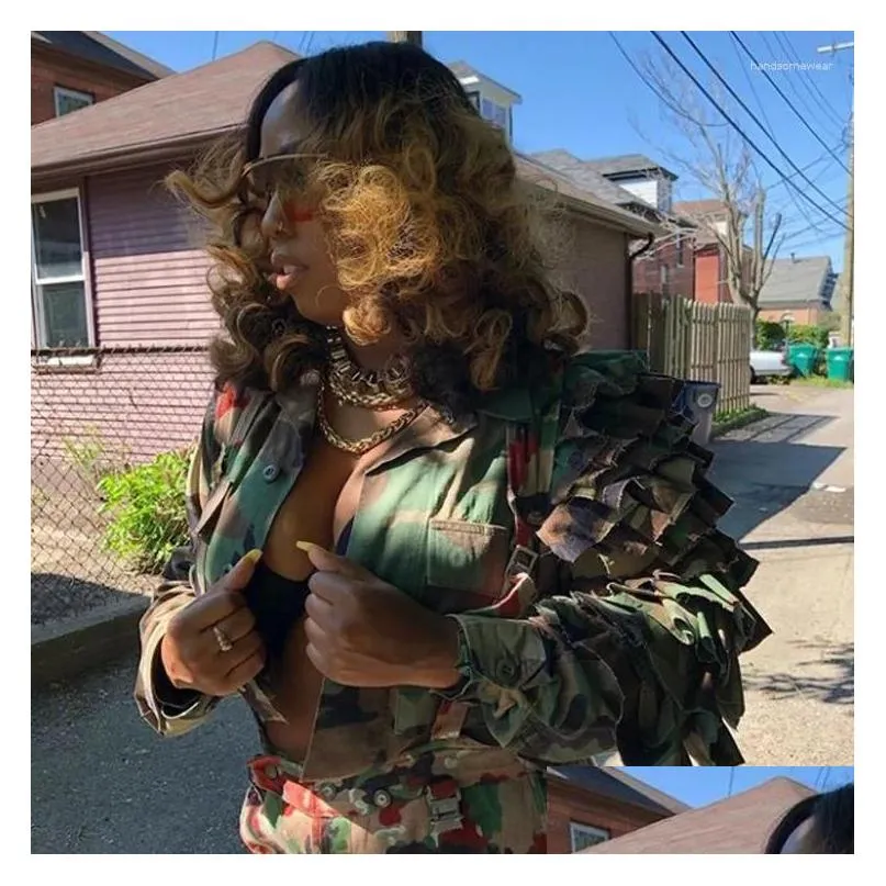 Women`S Jackets Womens Jackets Y Green Camouflage Cacading Ruffles Flare Sleeve Streetwear Military Outcoat Drop Delivery Apparel Wome Dh0Y3