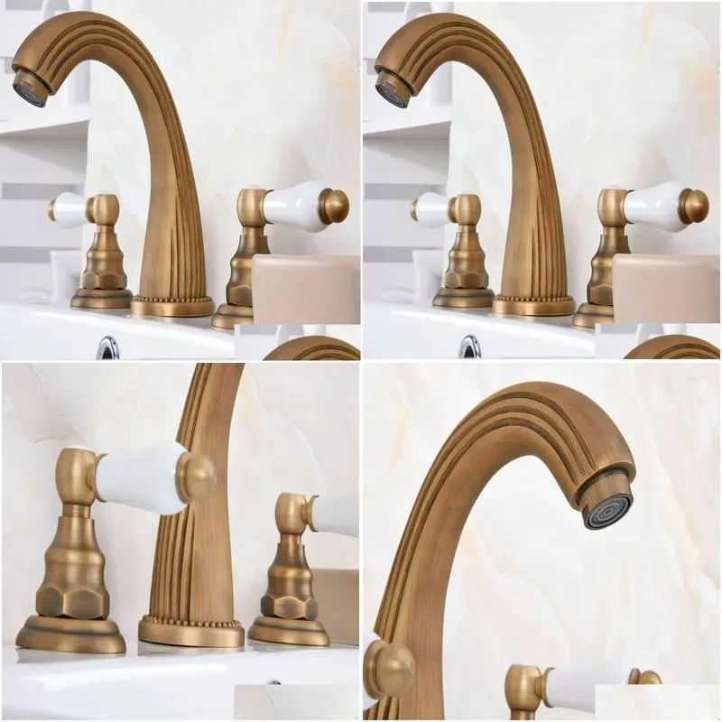 bathroom sink faucets vintage retro antique brass deck mounted dual handles widespread 3 holes basin faucet mixer water taps aan070