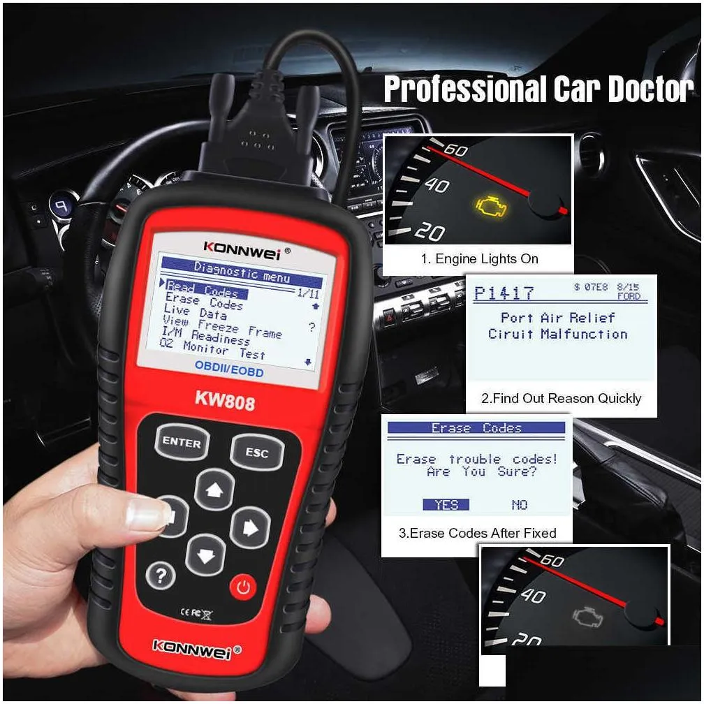 Diagnostic Tools New Konnwei Kw808 Obd 2 Car Scanner Obd2 Motive Diagnostic Tool Engine Fualt Code Reader Odb Tools For Cars Drop Deli Dhp6G