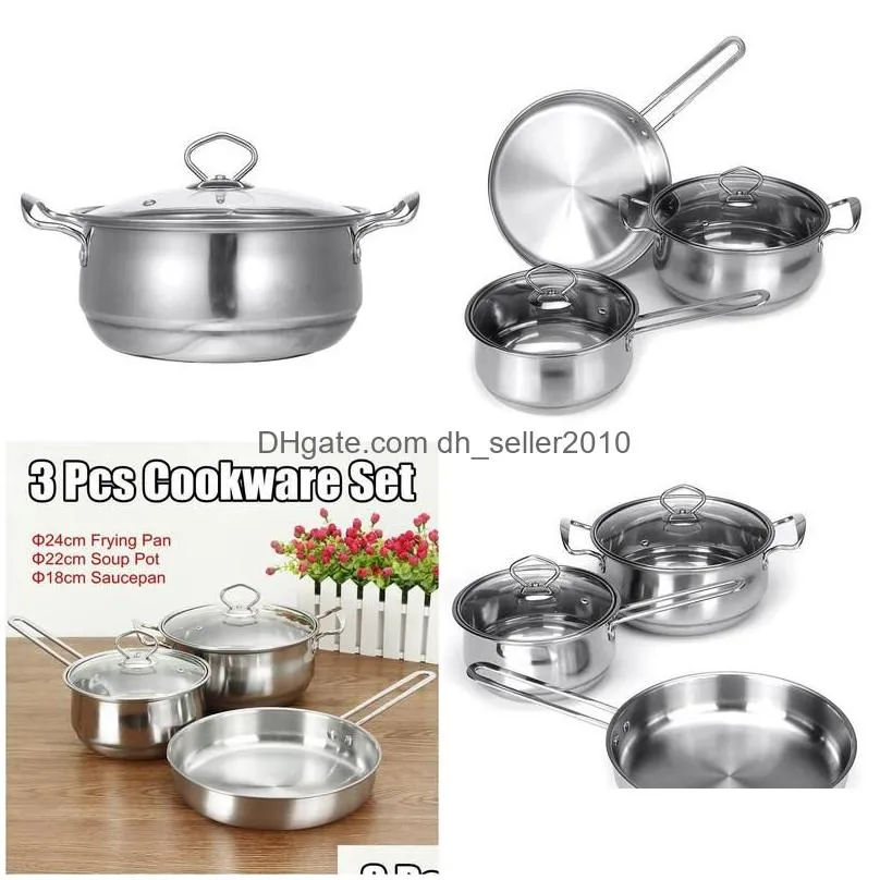 Soup & Stock Pots Soup Stock Pots 3Pcs/Set Thicken Stainless Steel Cooking Pot Nonstick Frying Pan Saucepan With Glass Lid For Inducti Dhxrv