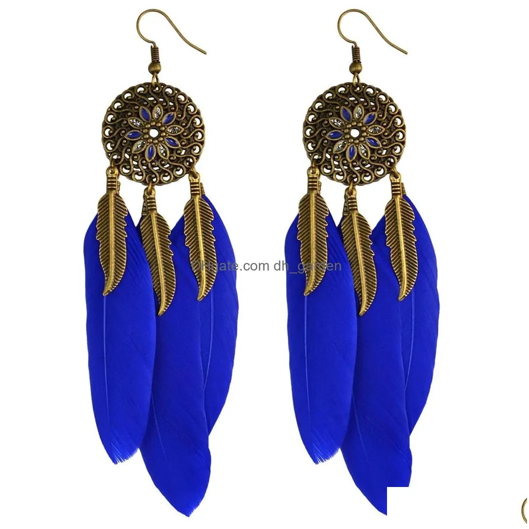 5 colors Bohemian Vintage Bronze Long Feather Drop Hook Flower Dangle Earrings