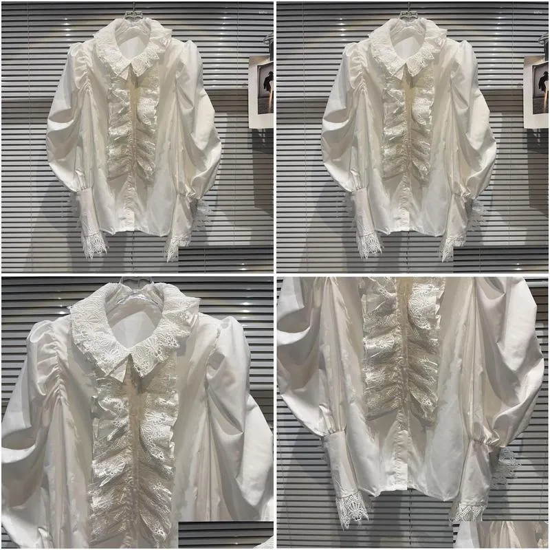 women`s blouses 2024 autumn arrival long lantern sleeve lace ruched hook flower ruffles collar white shirt women gl620