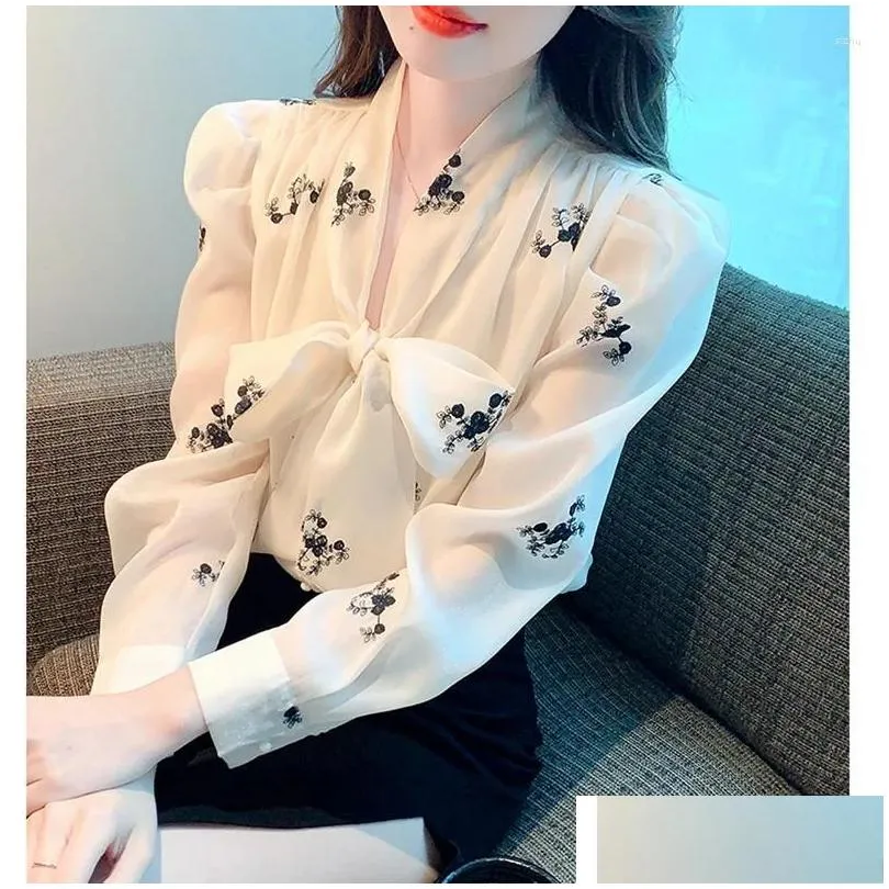 women`s blouses women elegant bowknot chiffon blouse fashion white business casual office lady shirts puff long sleeve loose tops